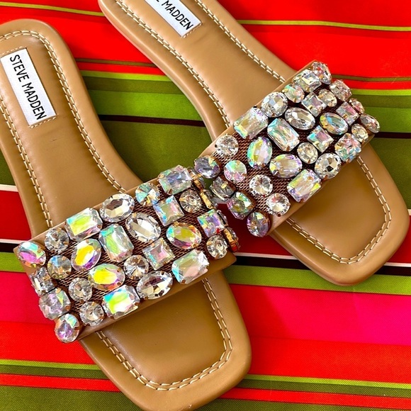 Brand New Steve Madden Malina Jeweled Gem Sparkly Bling Slide Sandals - Picture 2 of 13